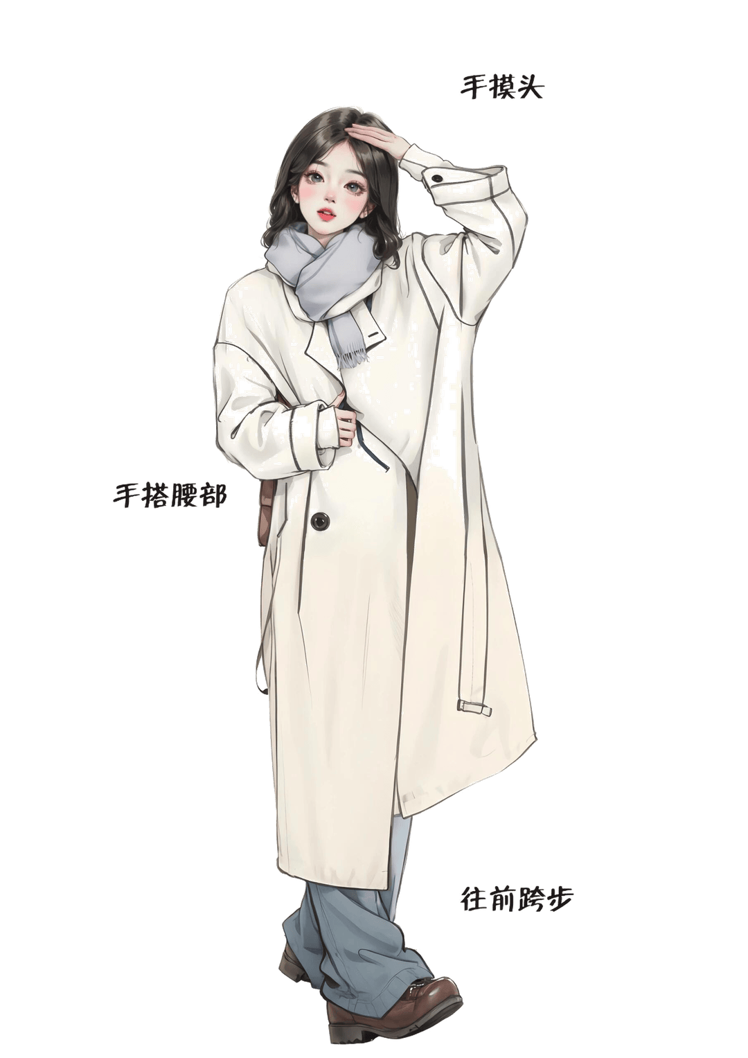 跨步摸头插腰姿