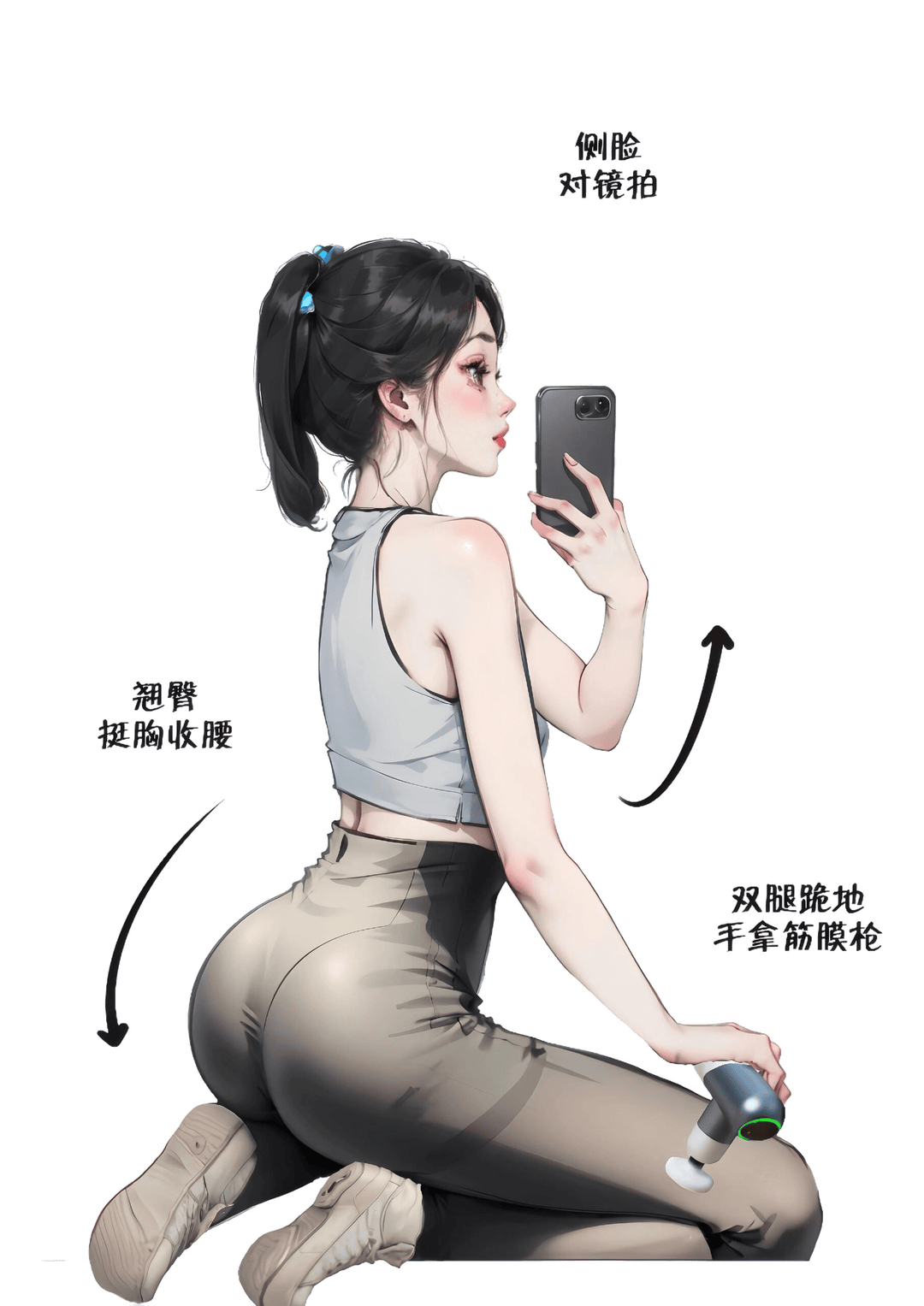 跪姿侧脸对镜拍
