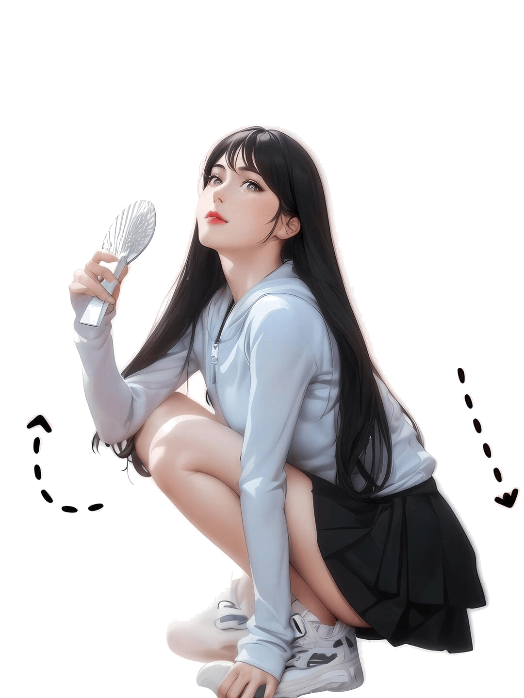 蹲姿持扇侧望