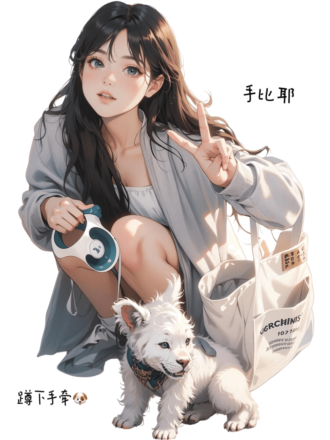 蹲姿比耶牵狗