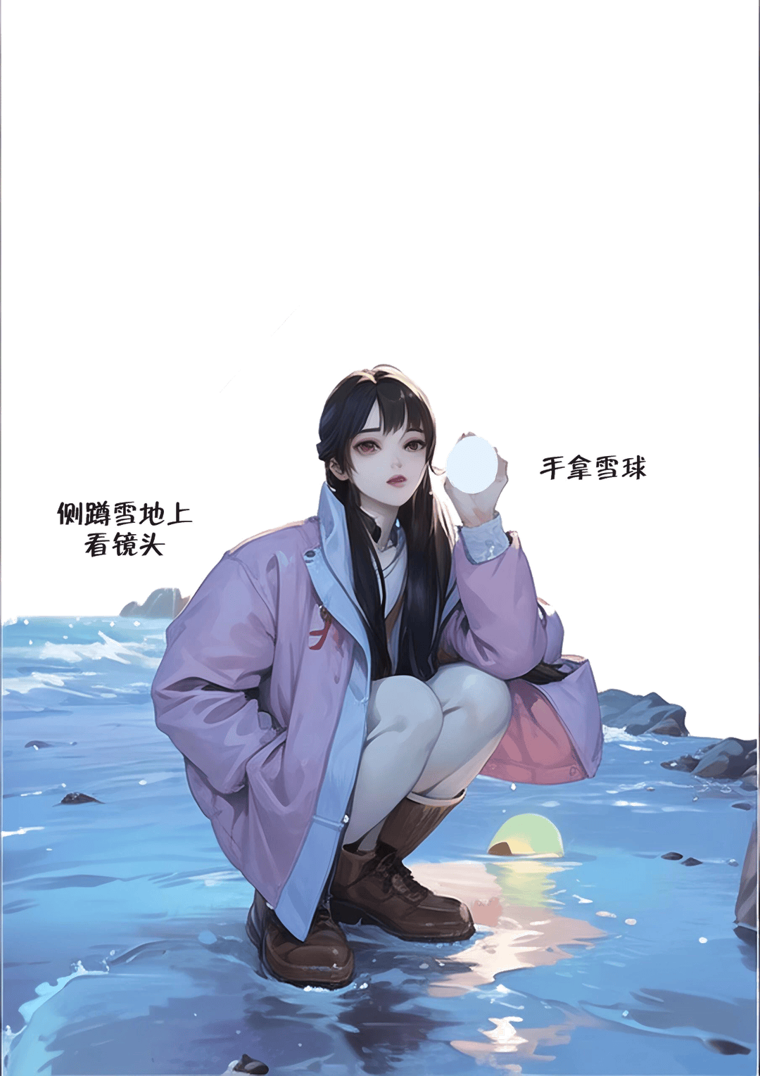 雪地蹲姿拿雪球
