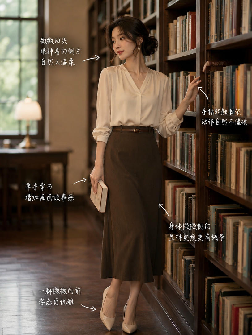 书架旁优雅站立