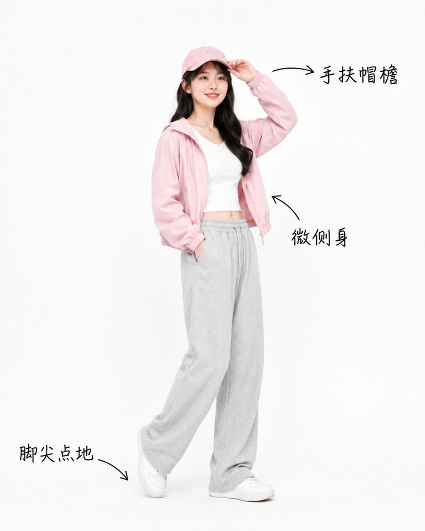 休闲侧身扶帽