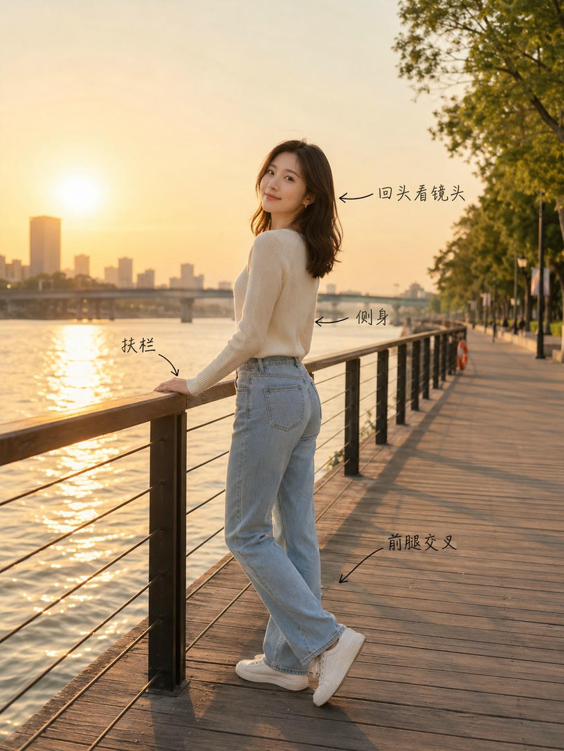 休闲回头倚栏站姿