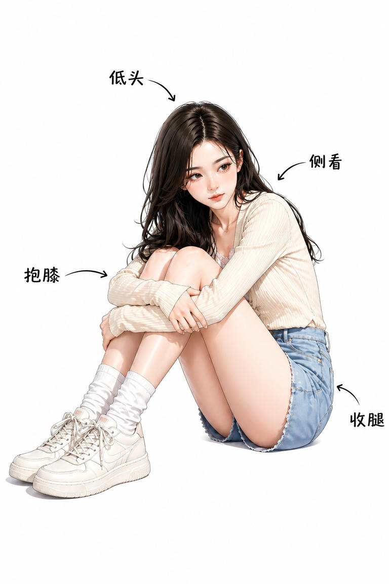 低头抱膝蹲姿