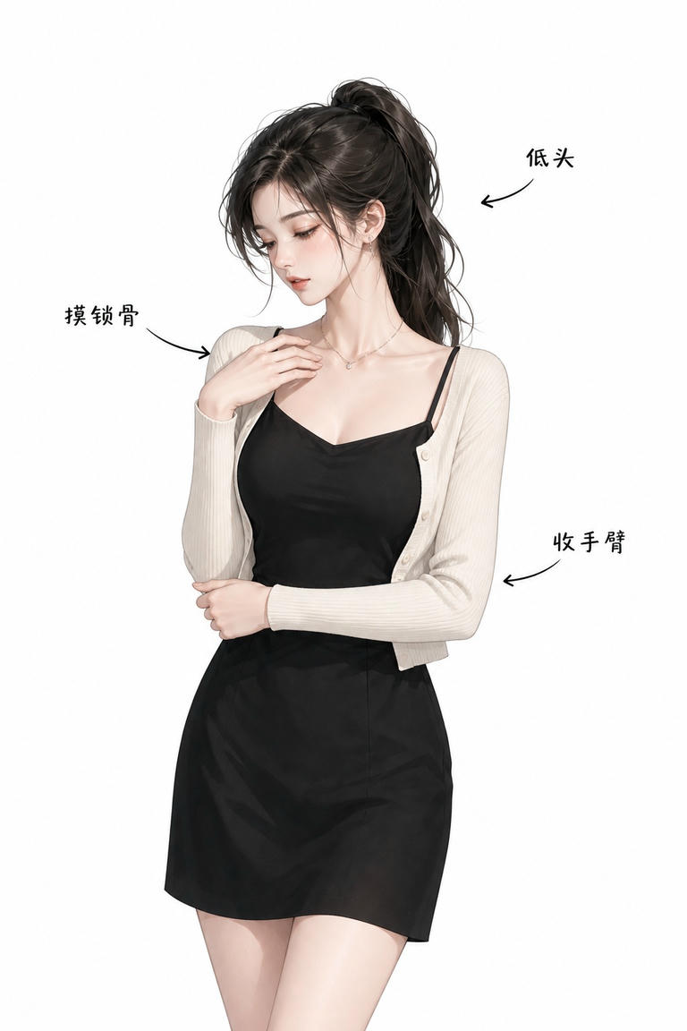 低头羞涩摸锁骨