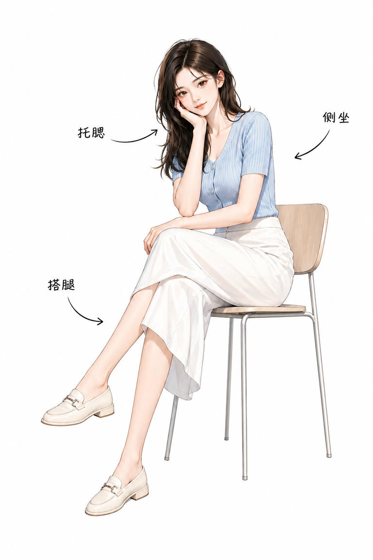 侧坐托腮搭腿