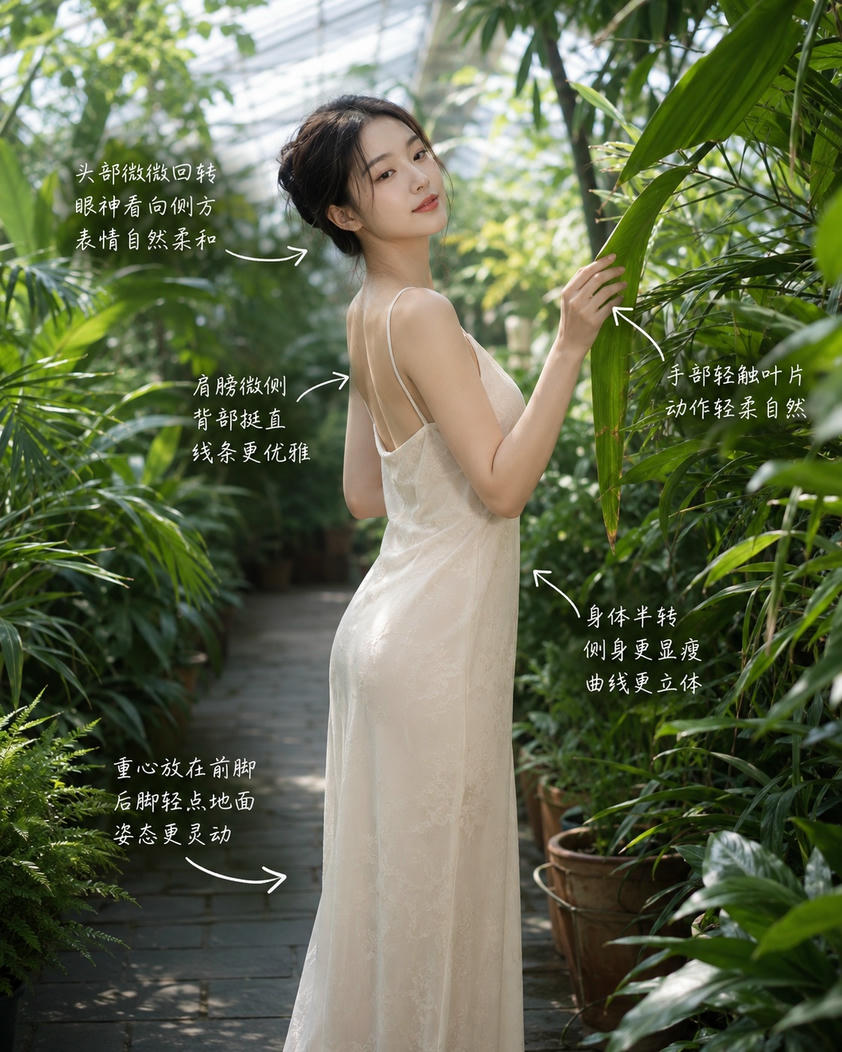 侧身回眸抚叶