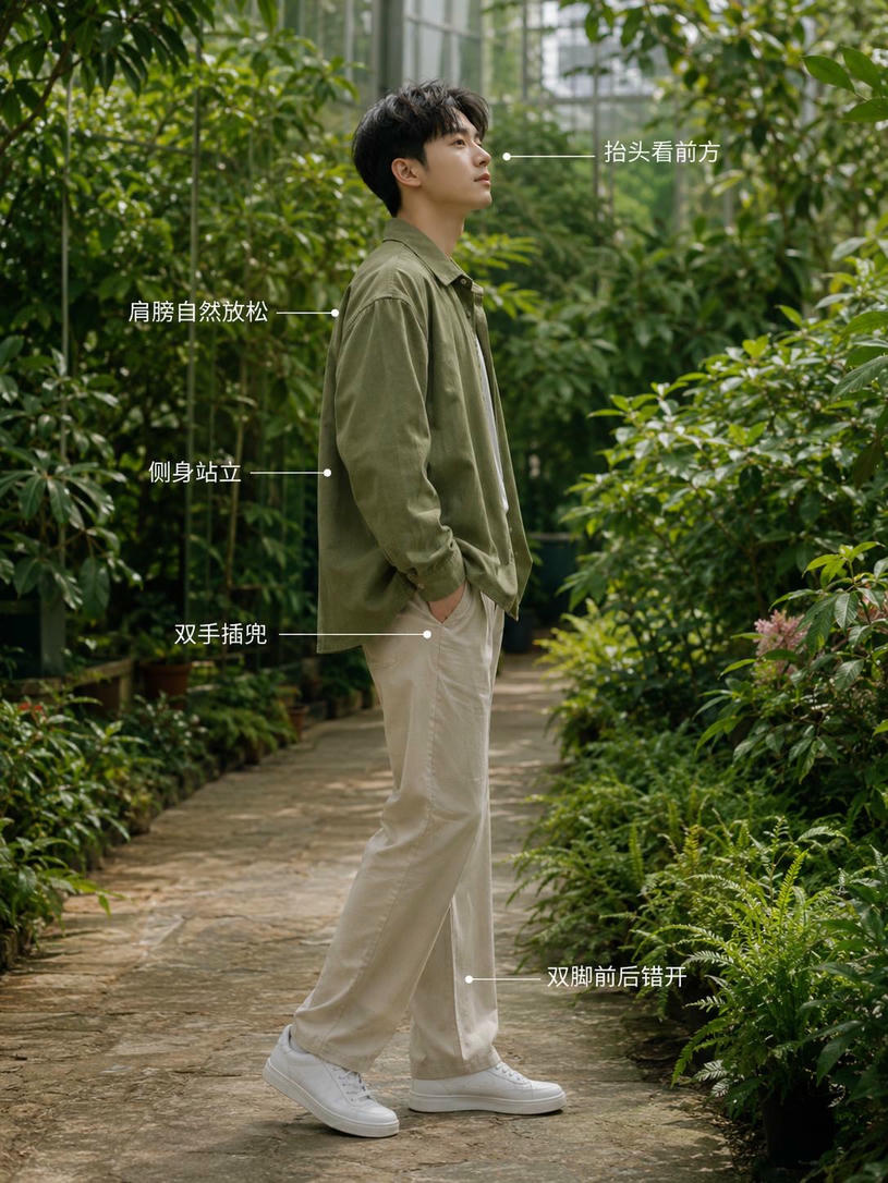 侧身抬头站立姿态