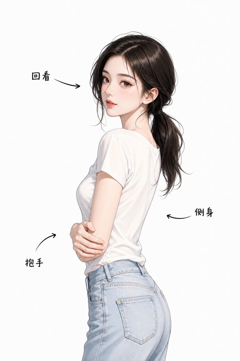 侧身抱手回眸