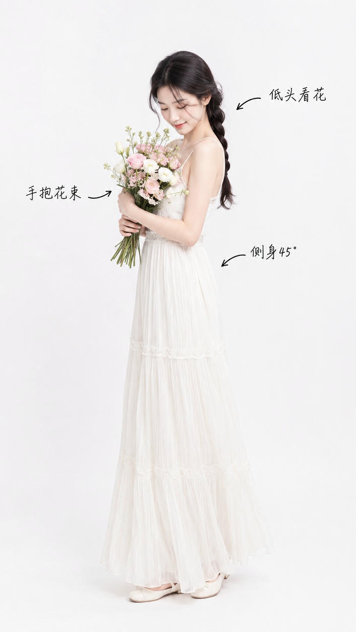 侧身抱花凝视