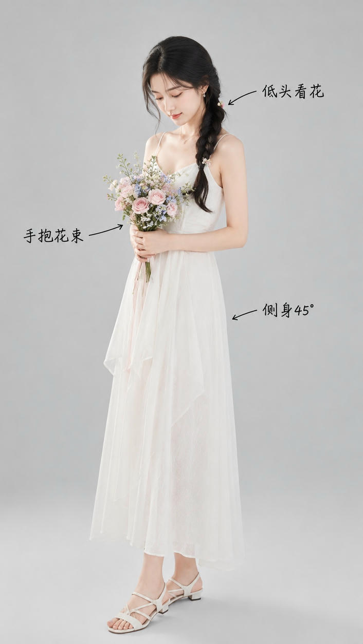 侧身持花低首站姿