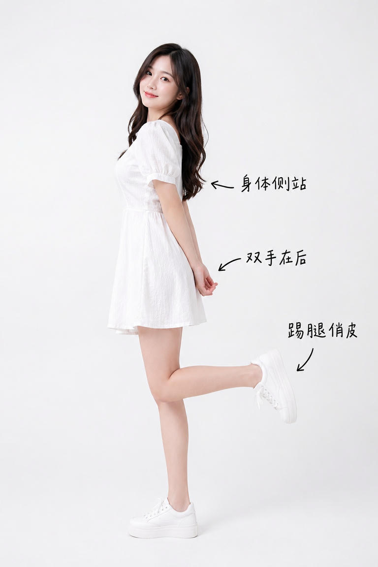 俏皮踢腿侧站姿