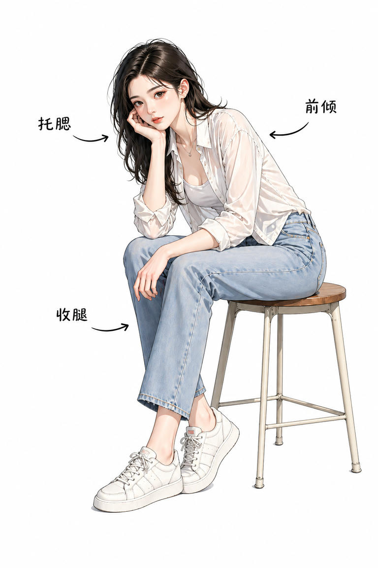 前倾收腿托腮