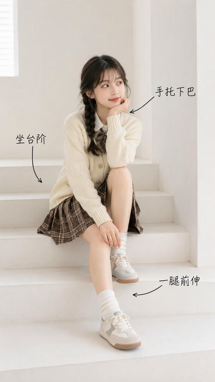 台阶托腮坐姿