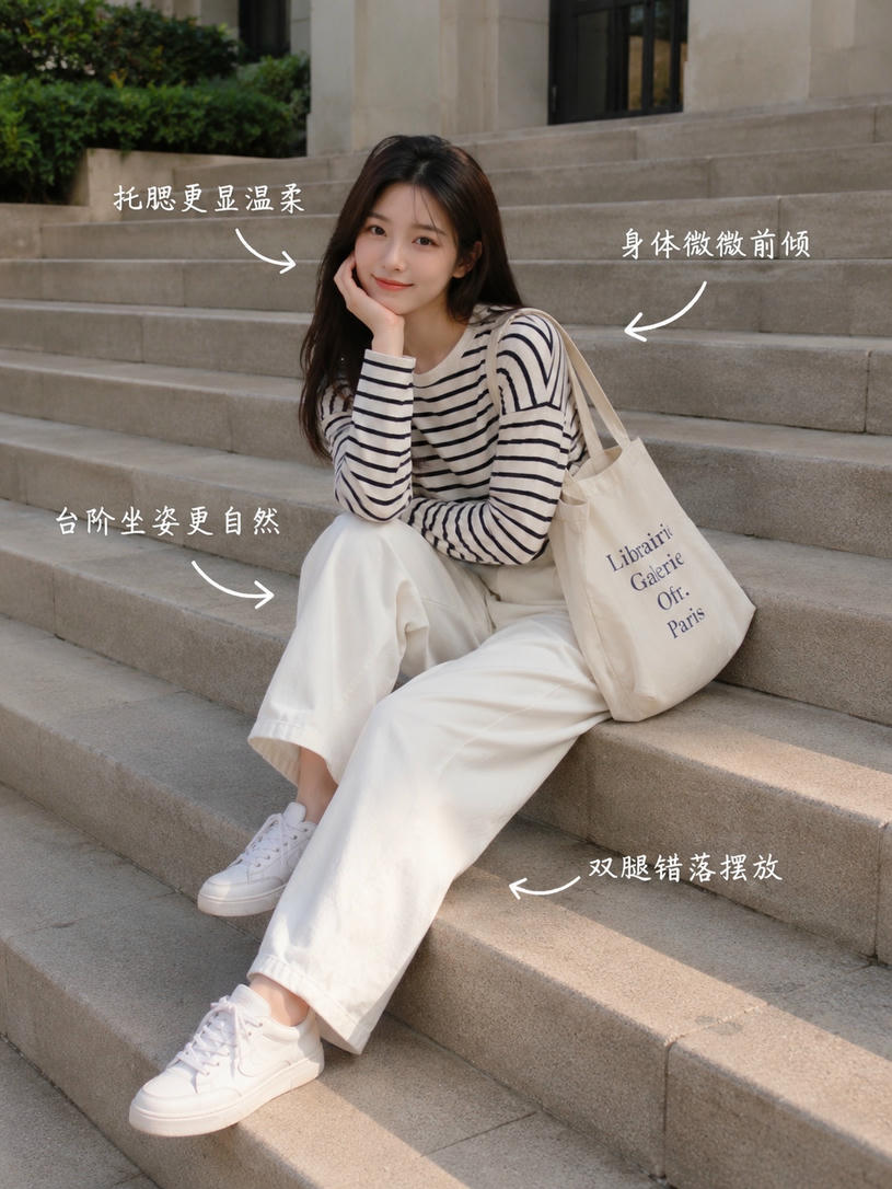 台阶托腮坐姿