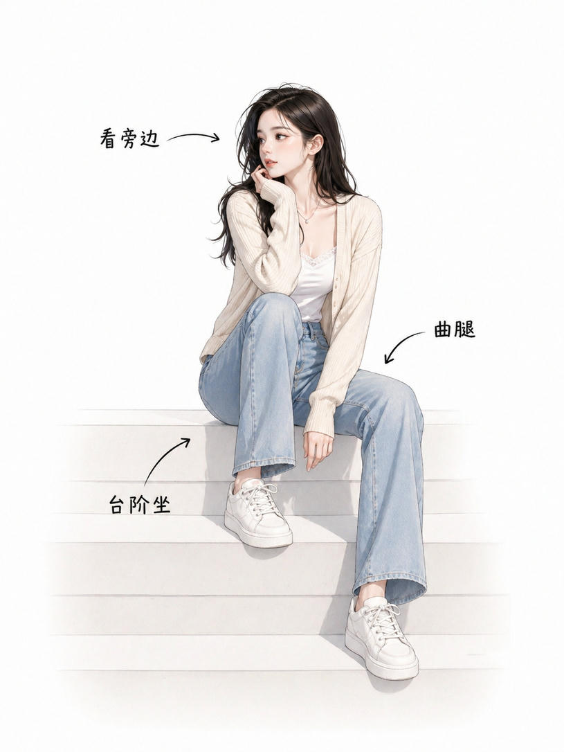 台阶曲腿坐姿