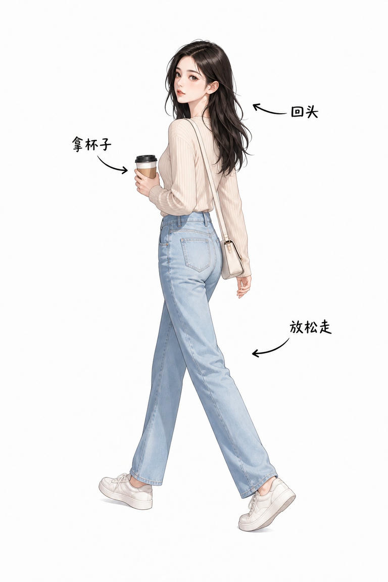 回头行走持杯姿态