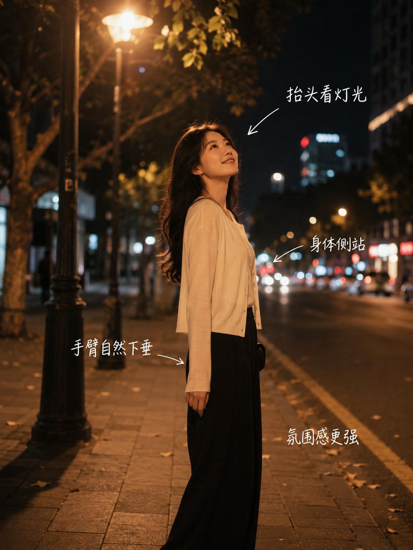 夜晚街头仰头站立姿态