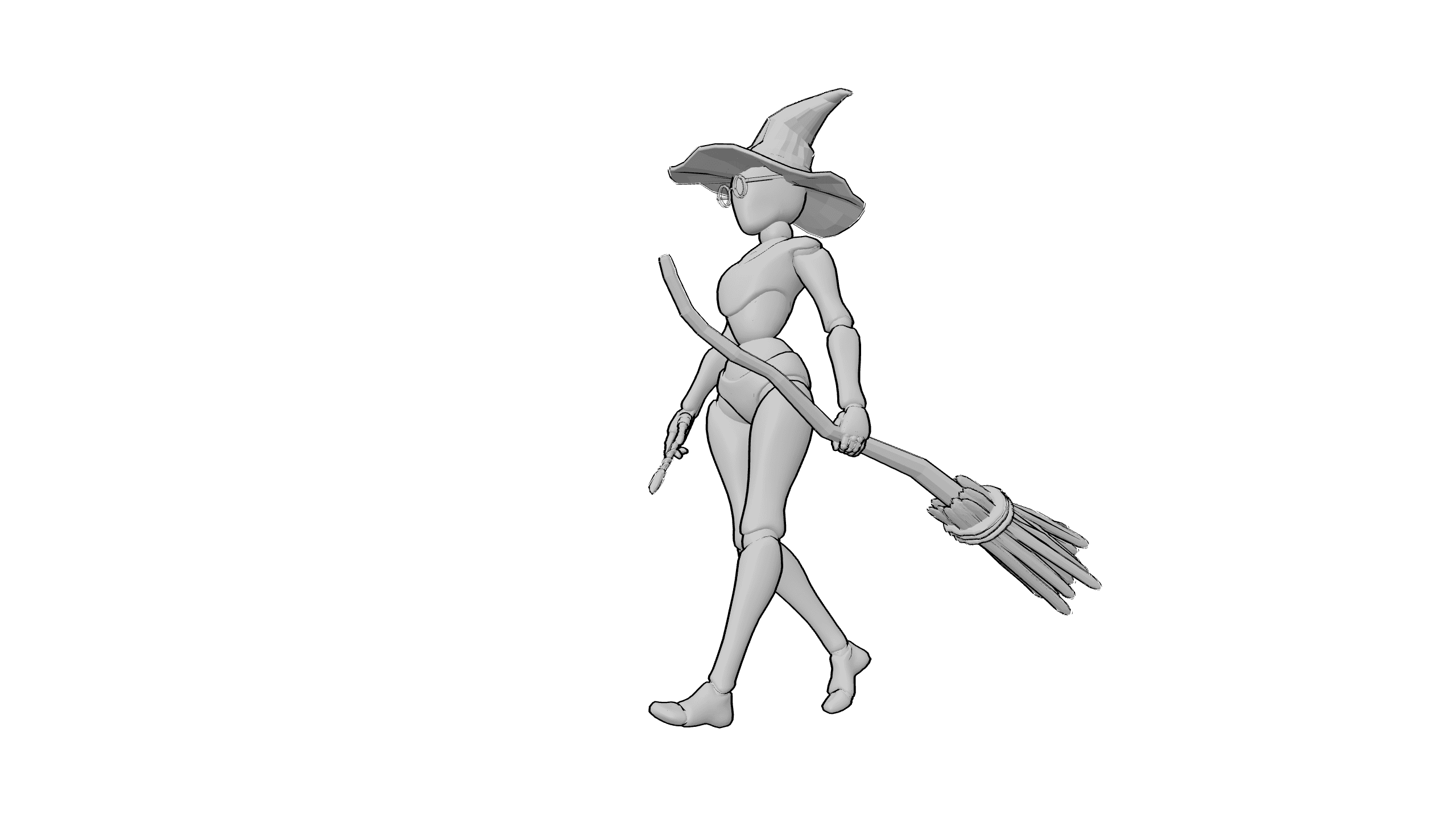 魔女手持扫帚行走