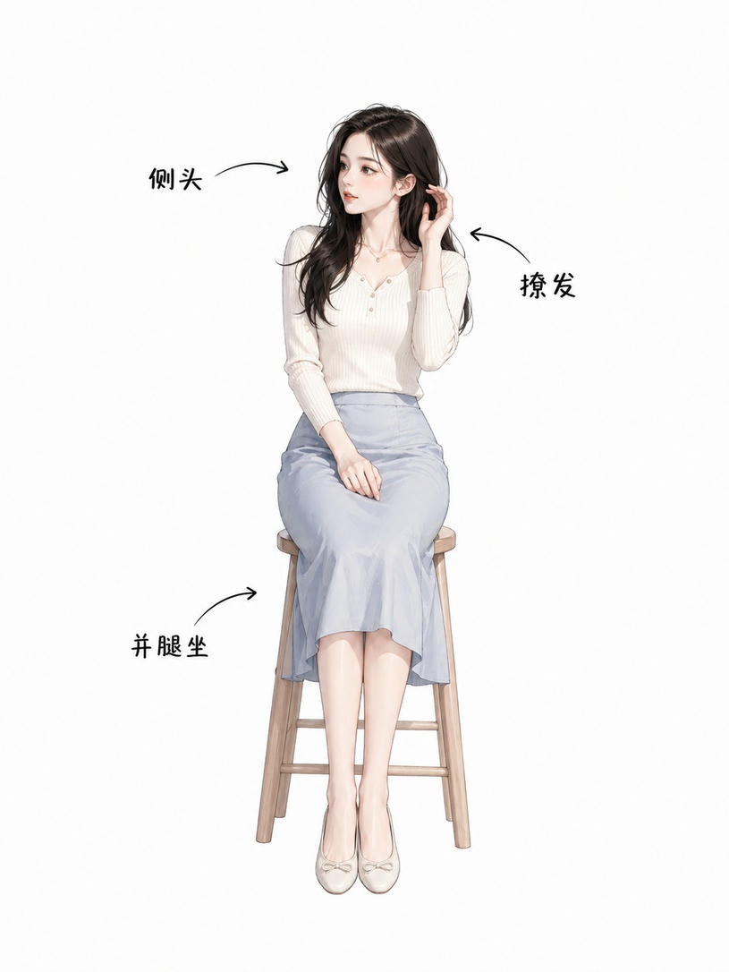 并腿侧头撩发坐姿