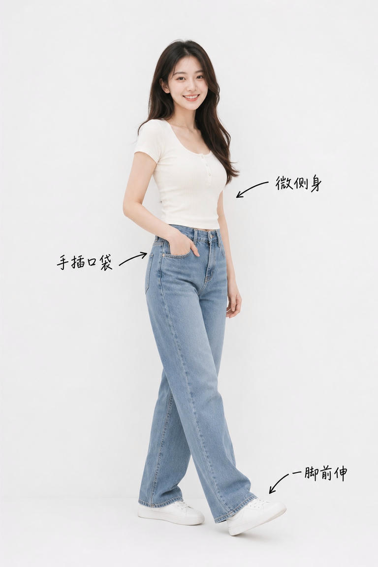 微侧身插兜站姿