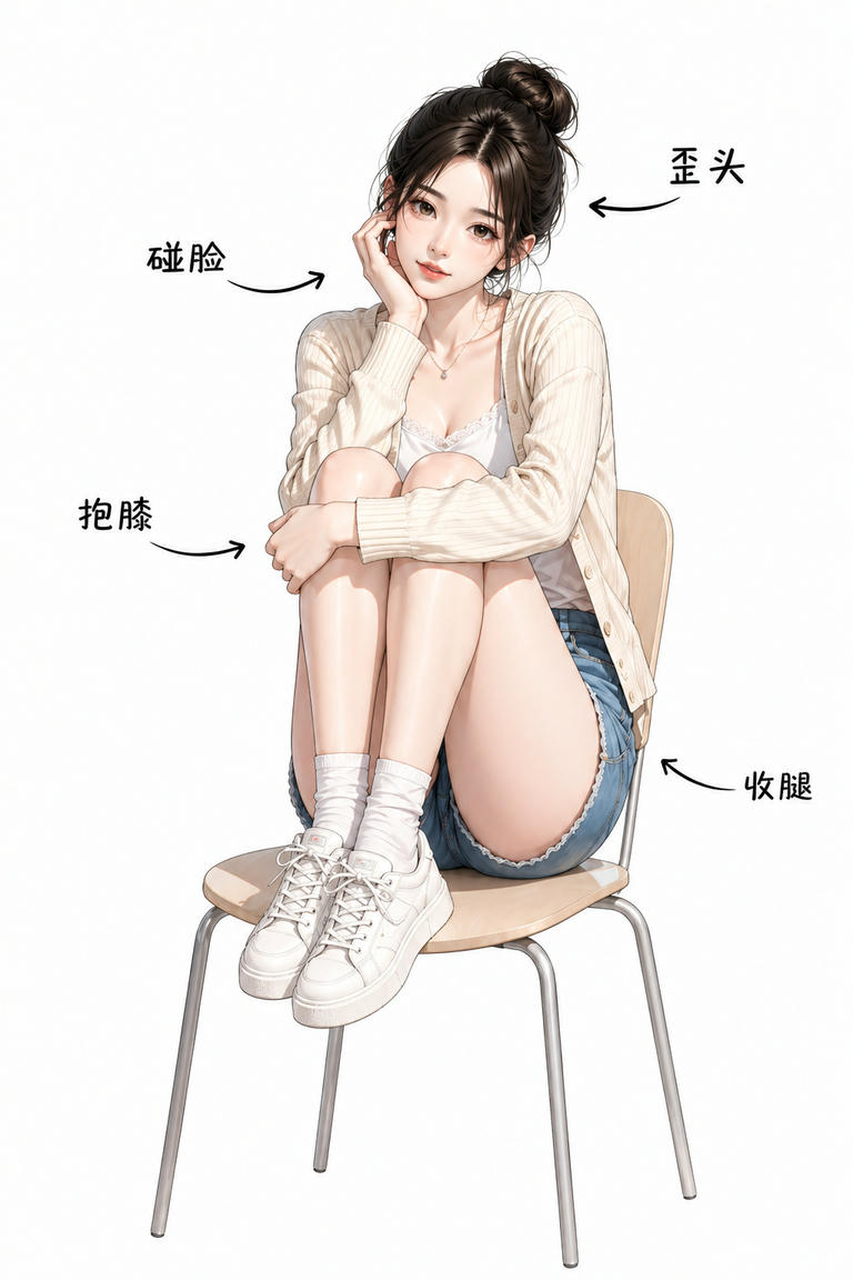 抱膝歪头坐姿