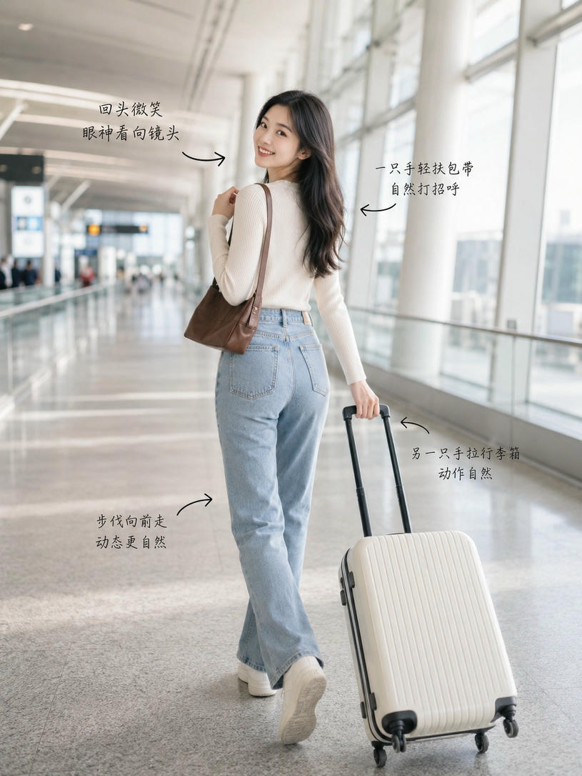 机场回眸拉箱姿