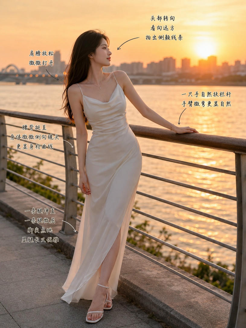 栏杆旁优雅侧影