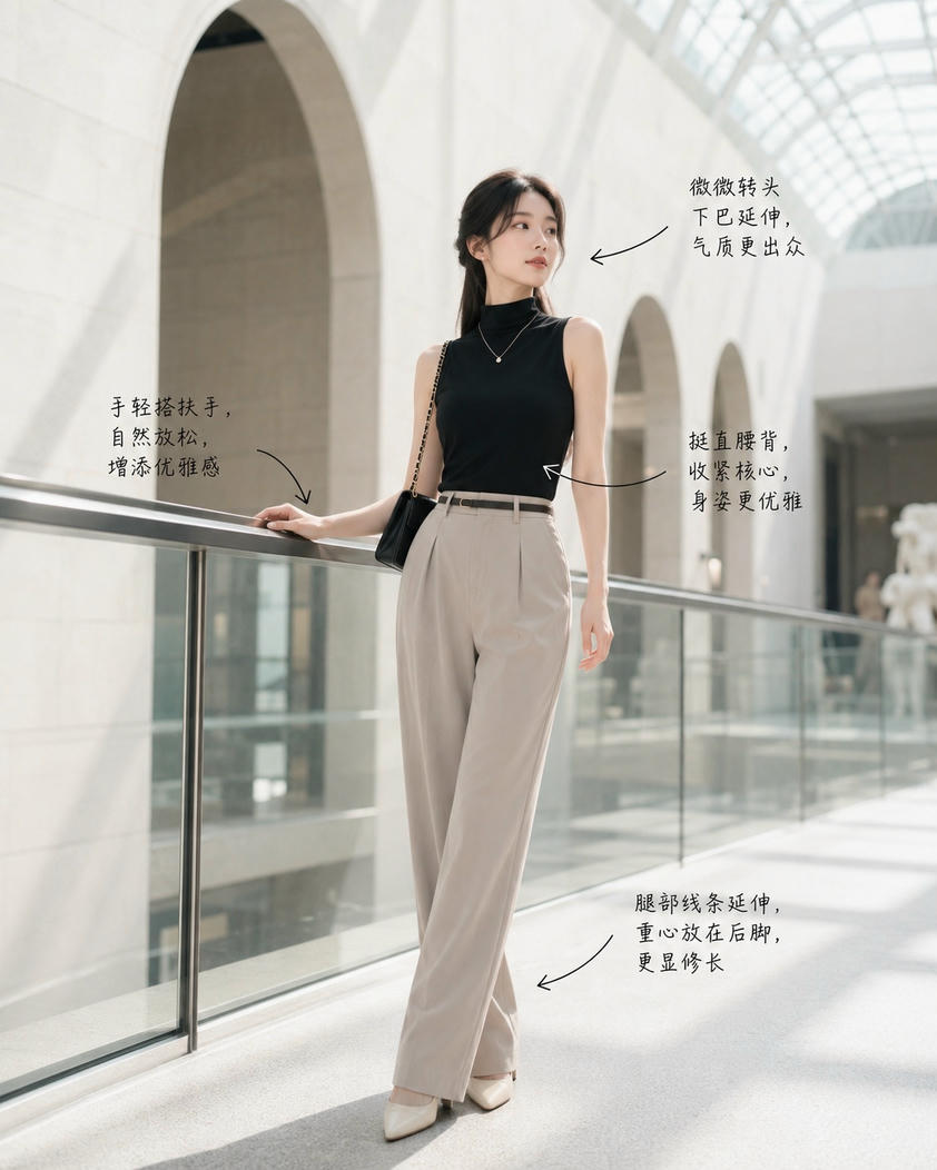 栏杆旁优雅倚靠