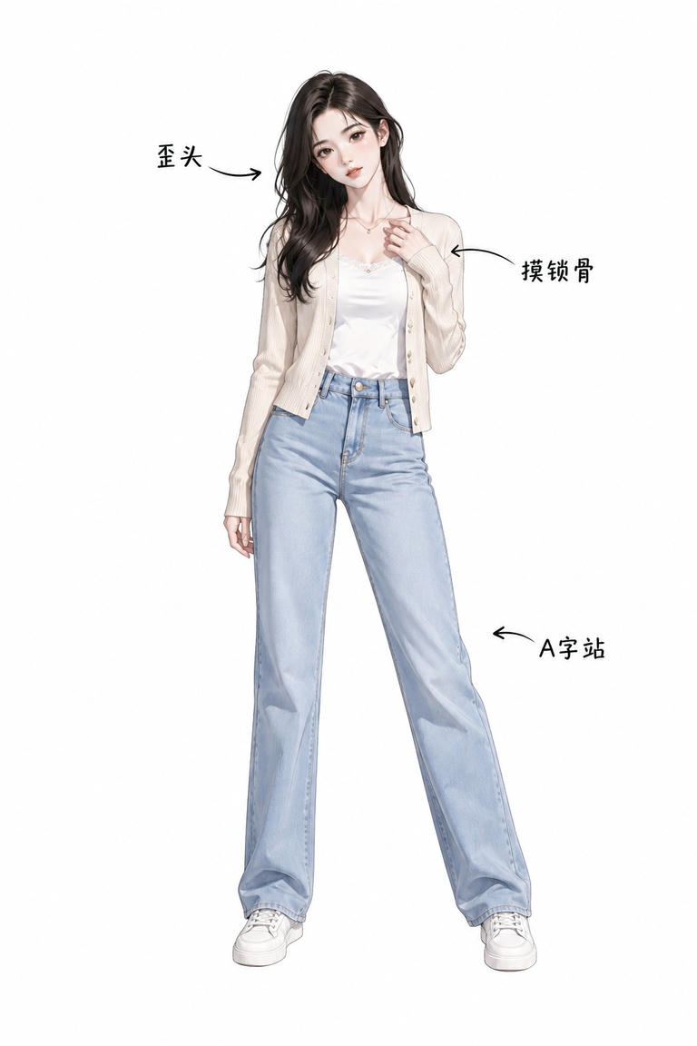 歪头摸锁骨站姿