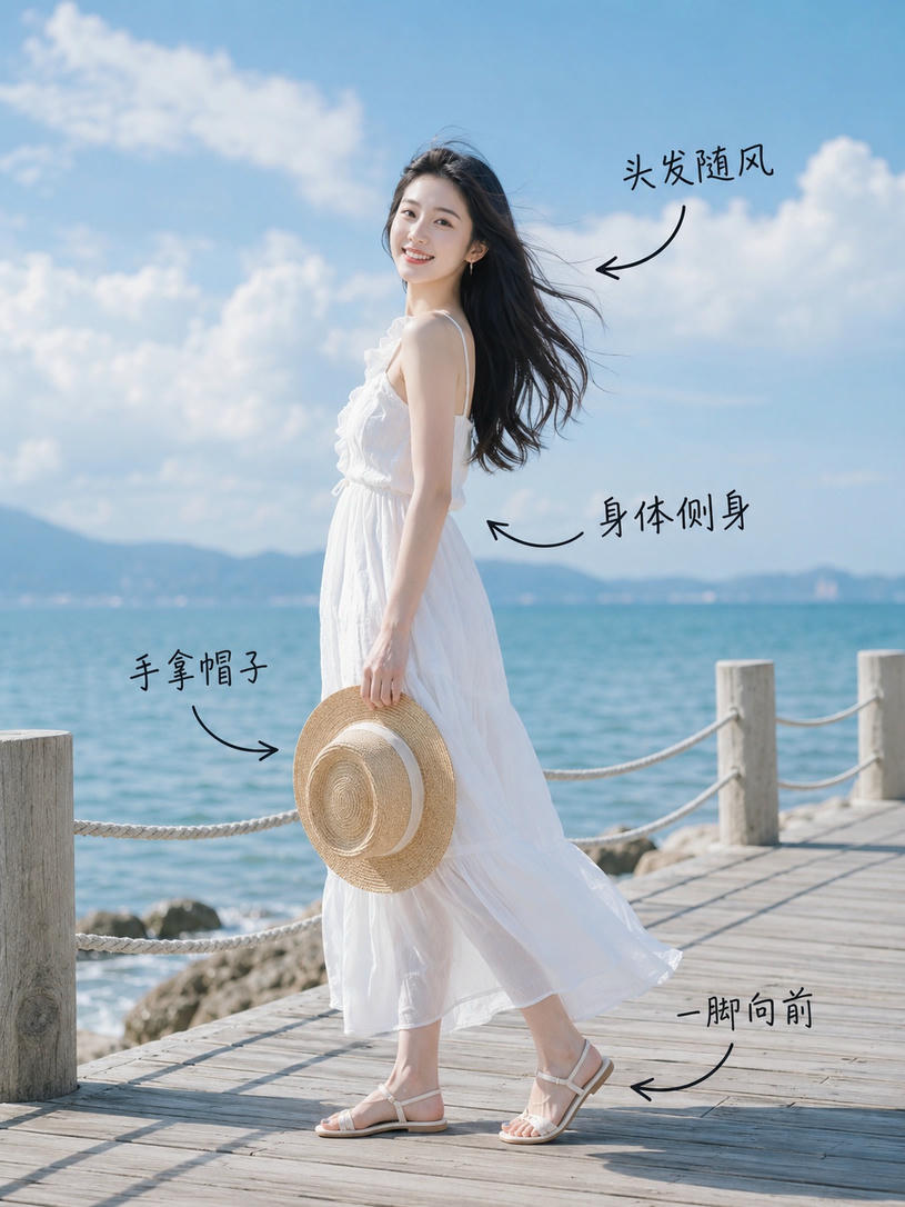 海边回眸持帽
