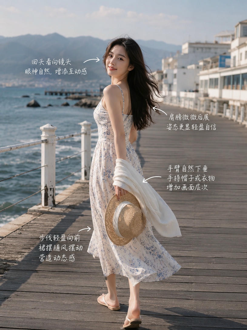 海边回眸漫步姿态