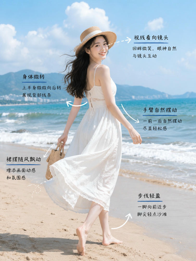海边漫步回眸微笑