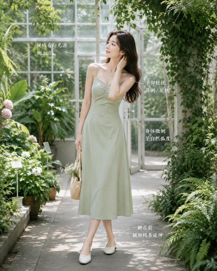 温室绿植前优雅站姿
