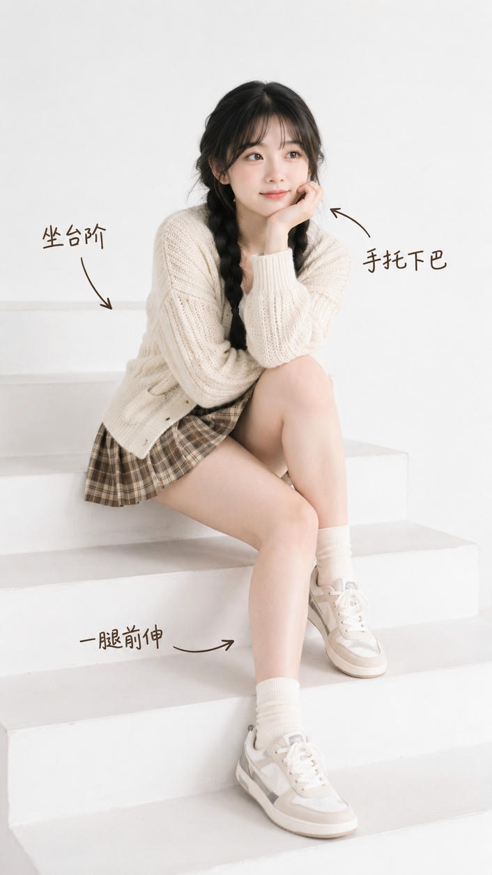 甜美台阶坐姿