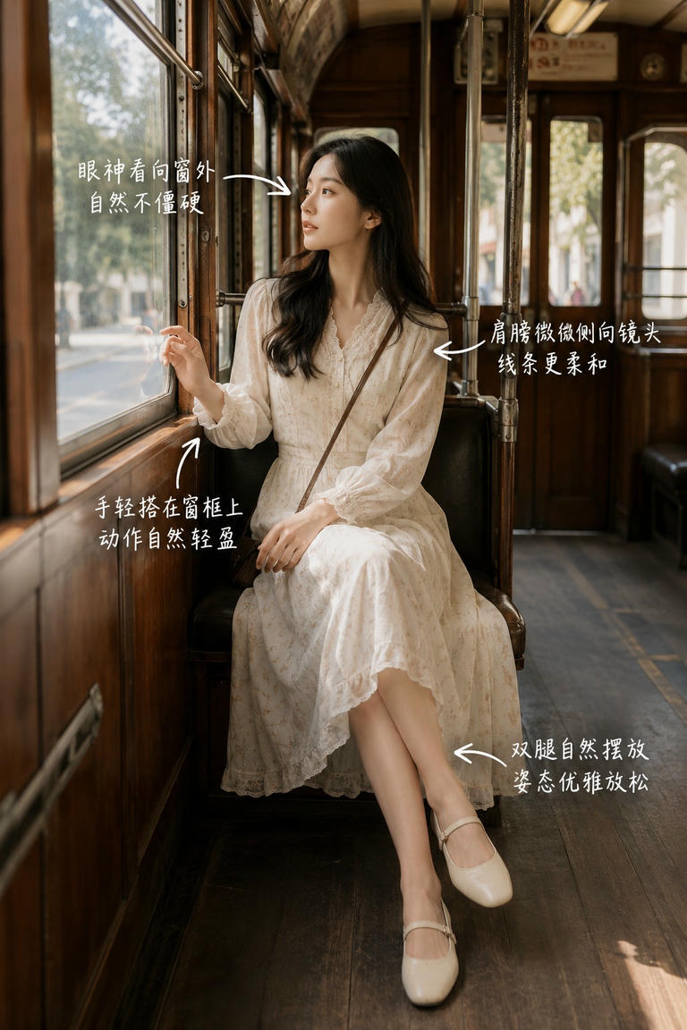 电车窗边倚靠坐姿