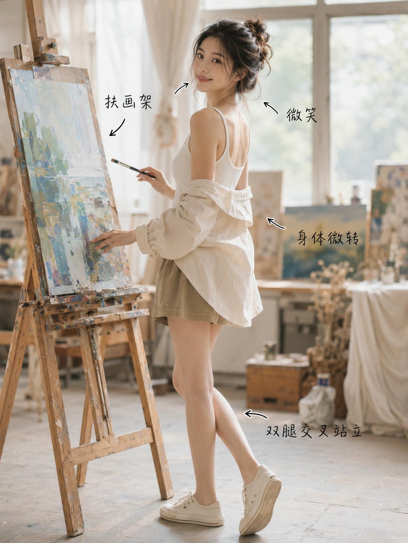 画室回眸扶架微笑