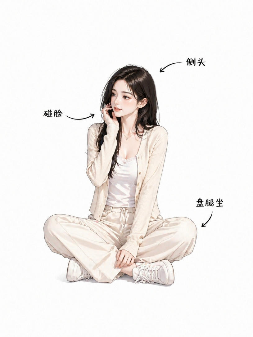 盘腿侧头托腮坐姿