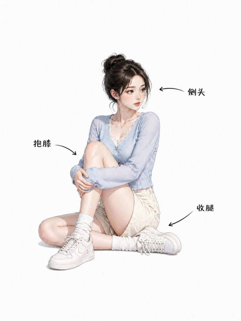 盘腿抱膝侧头望