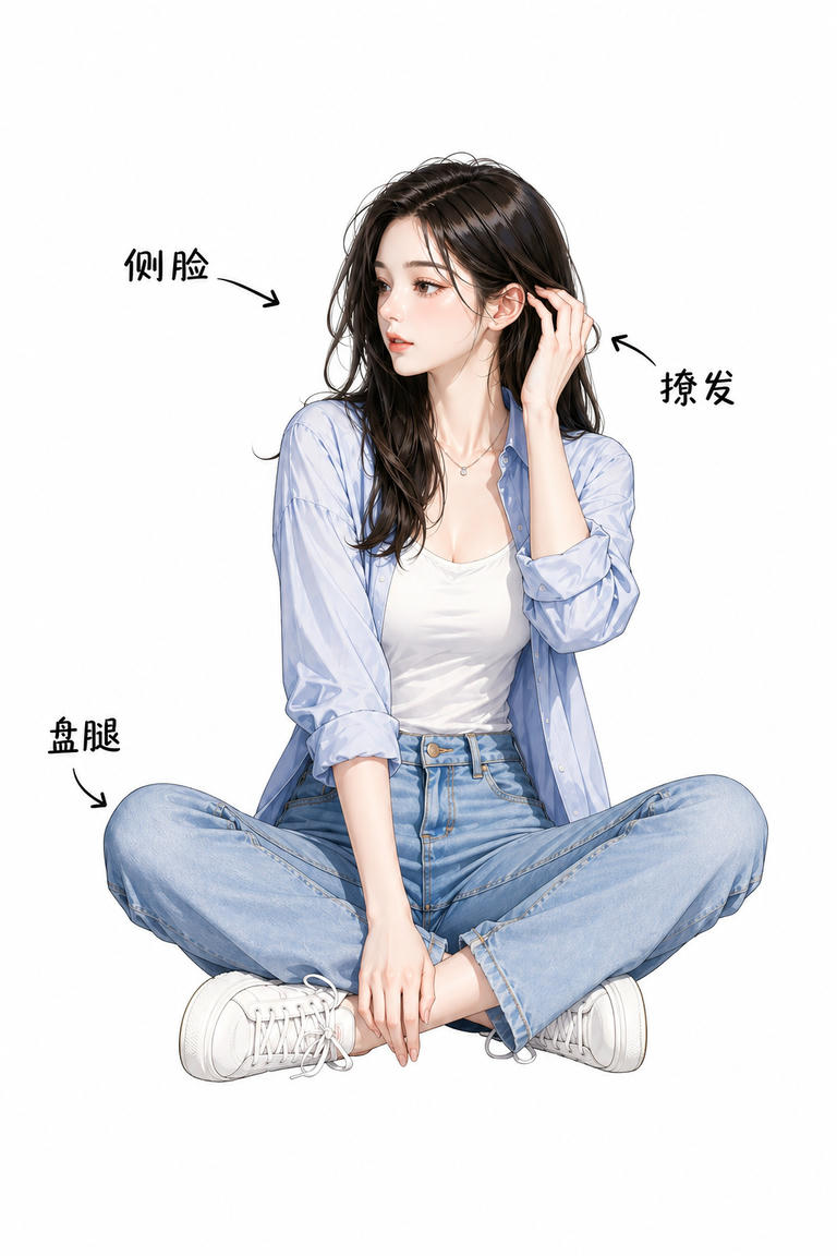盘腿撩发侧颜