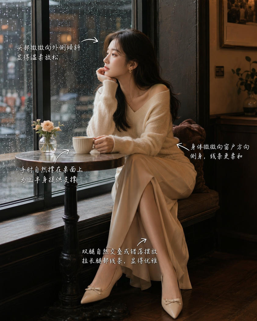 窗边咖啡休闲坐姿