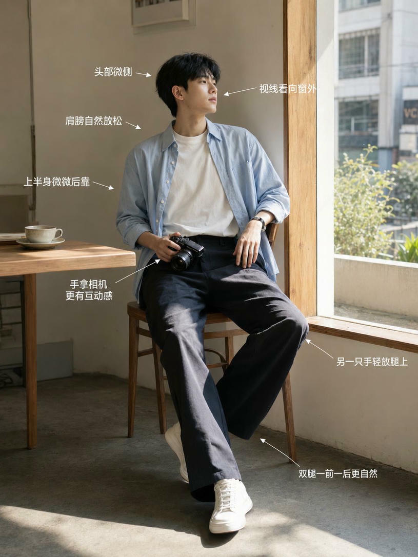 窗边持相机坐姿