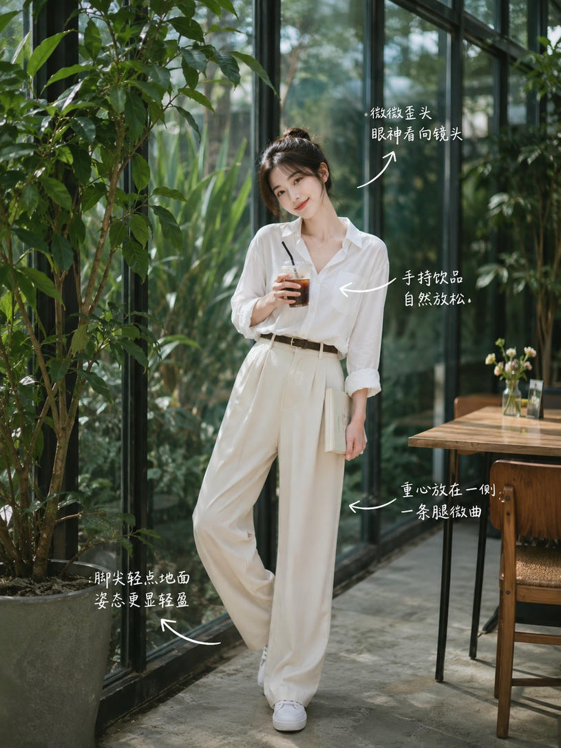 窗边持饮姿态