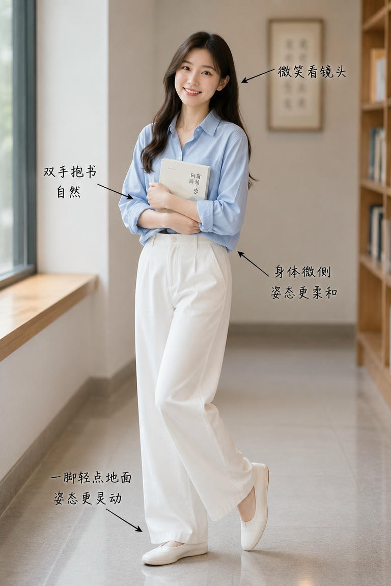 站立抱书轻点脚