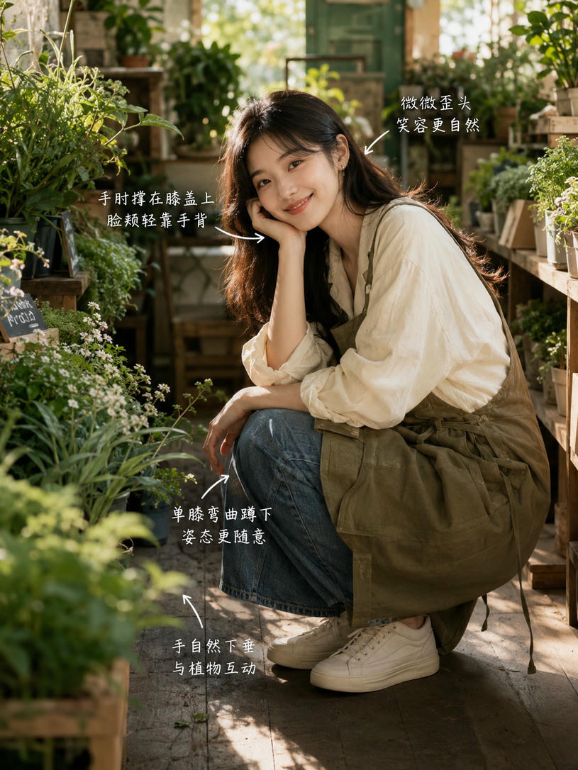 花丛单膝蹲坐