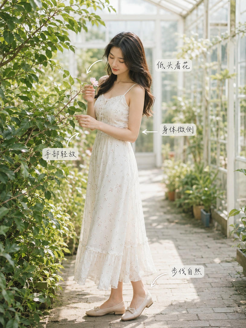 花园赏花低首姿态