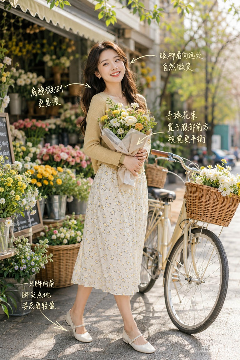 花店前捧花微笑姿态