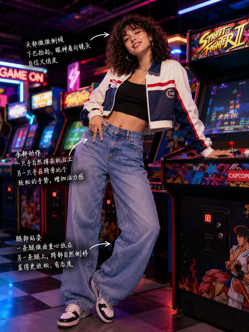 街机旁俏皮站姿