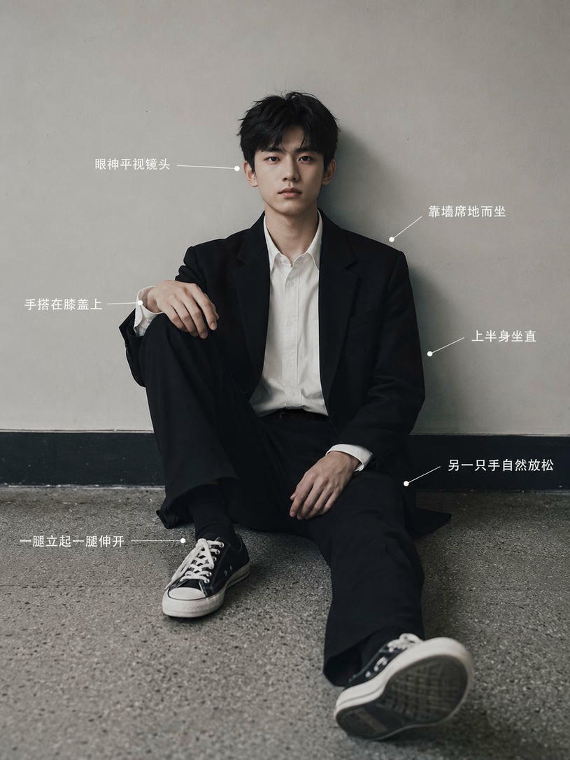 西装靠墙坐姿